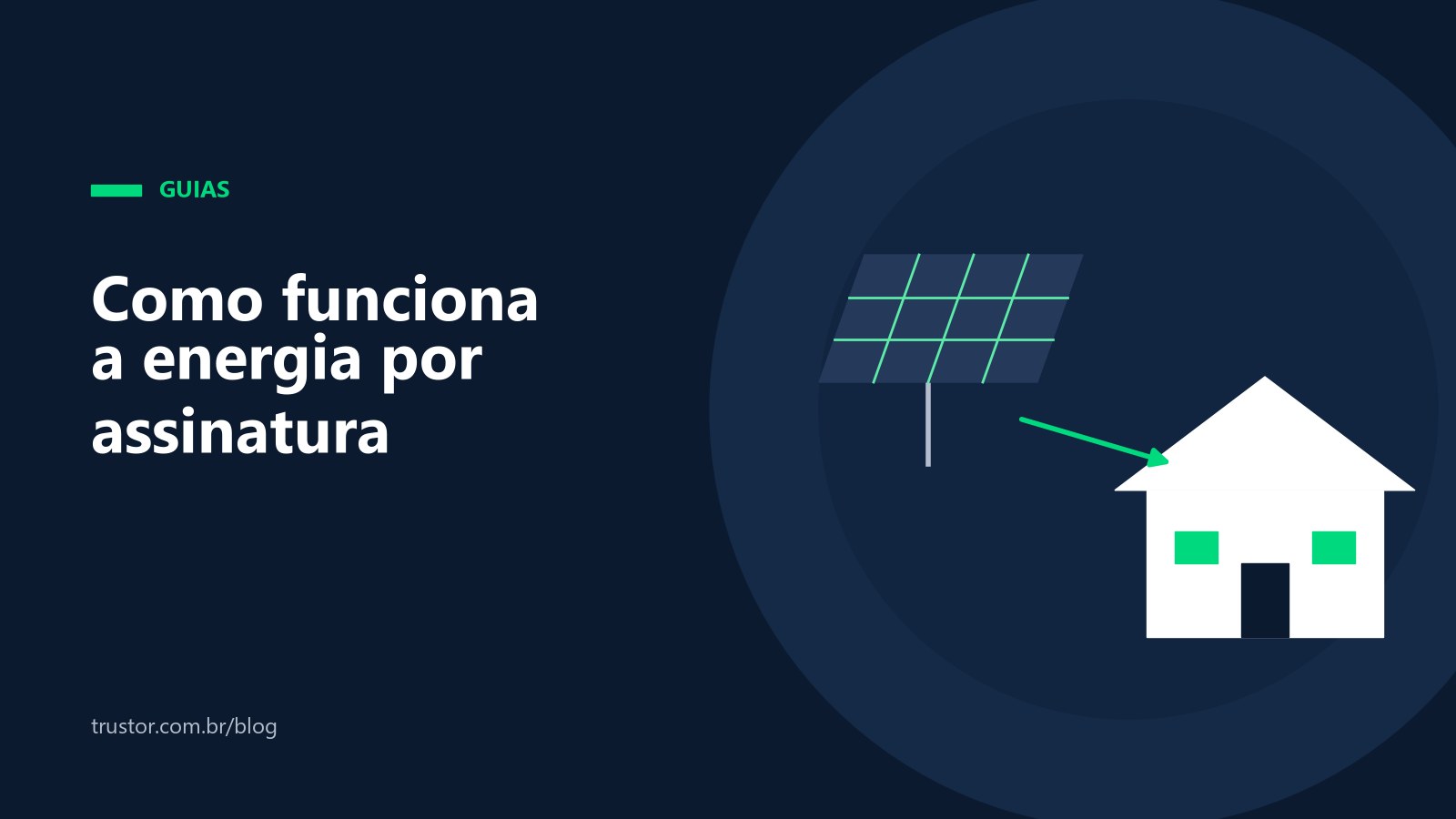 Ilustração de uma usina solar ligada pela rede da distribuidora a uma casa, representando a energia por assinatura
