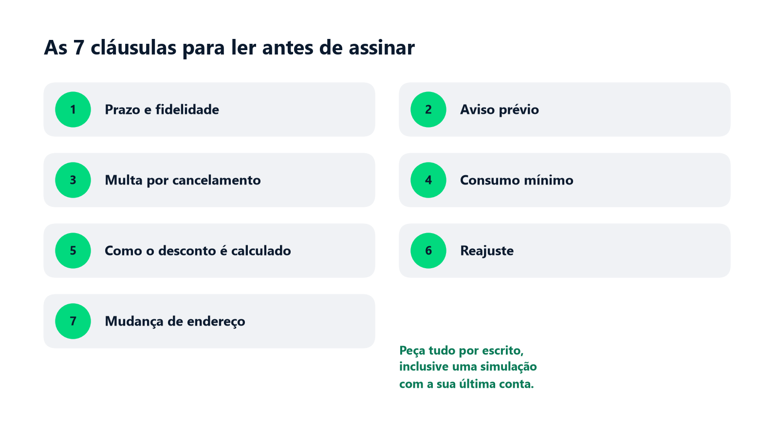 Lista das 7 cláusulas: prazo e fidelidade, aviso prévio, multa, consumo mínimo, cálculo do desconto, reajuste e mudança de endereço